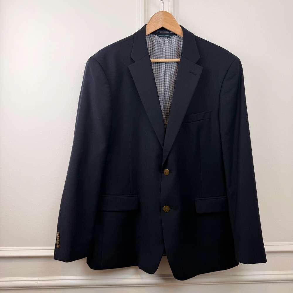 Tommy Hilfiger Mens Navy Blue Worsted Wool Blend 2‎ Button Blazer Sport Coat S42